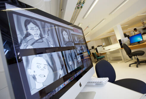 Computer in a lab showing animation on screen